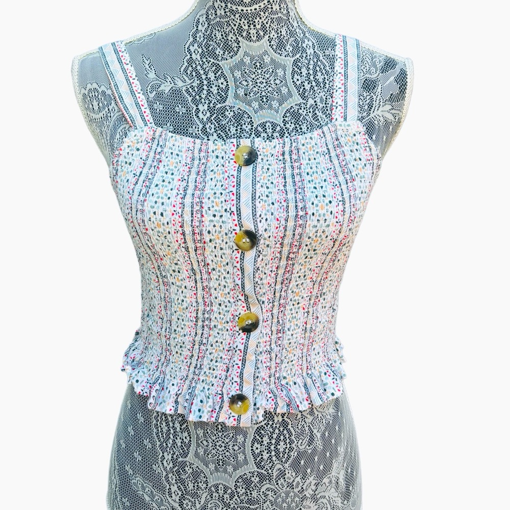 Japna Women’s M Runched  Geometric Print Cami Tank Top, Japna Smocked Tops